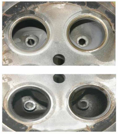 The combustion chamber shows very little residue, full seating and minimal excess deposits on the valve seats.